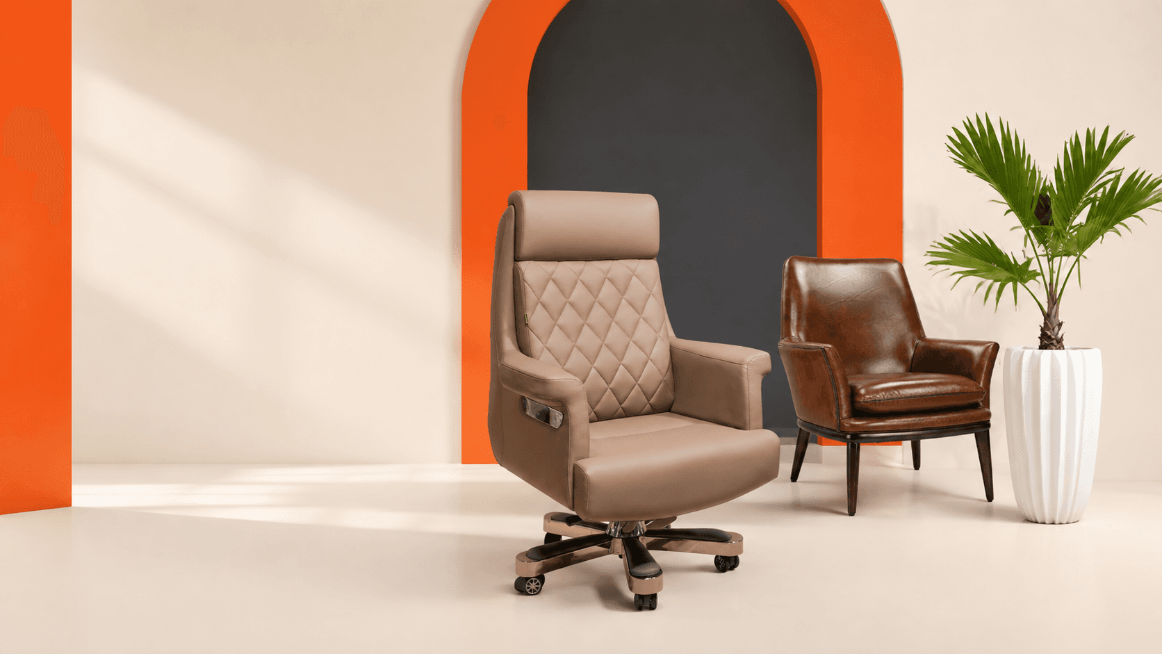 Executive leather chair and lounge armchair in a styled interior