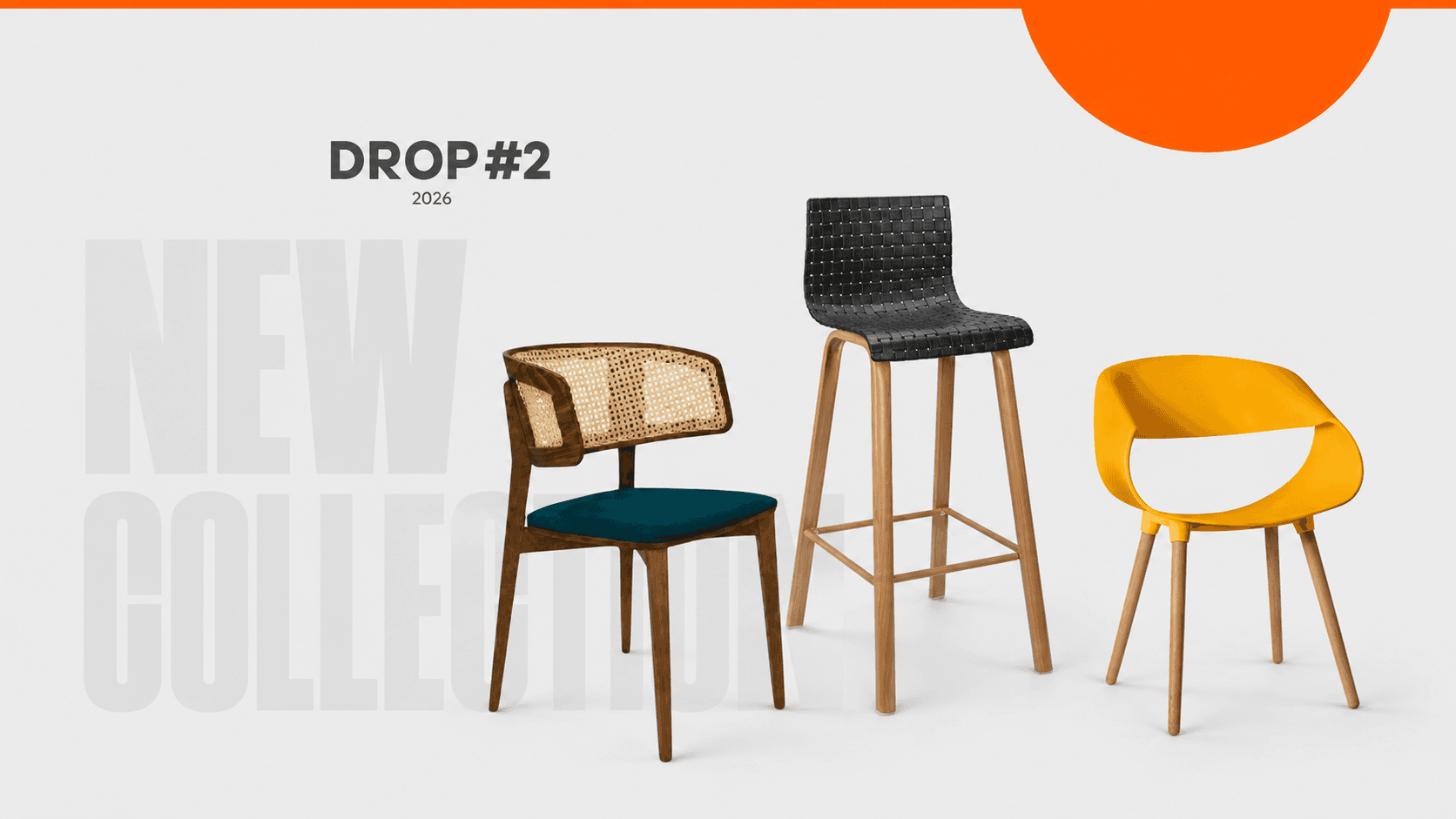 Drop #2 — cane-back chair, woven bar stool and yellow shell chair