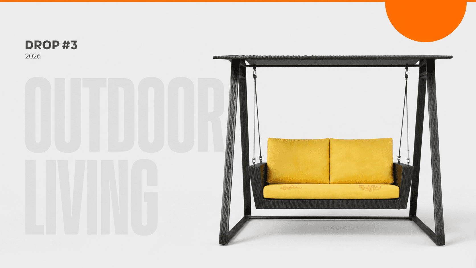 Drop #3, outdoor living — two-seater garden swing with yellow cushions